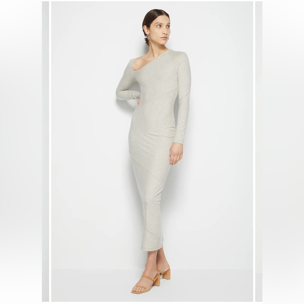 JONATHAN SIMKHAI Jane Shaping Rib Long Sleeve Diagonal Cut Dress in Marble Sz S‎